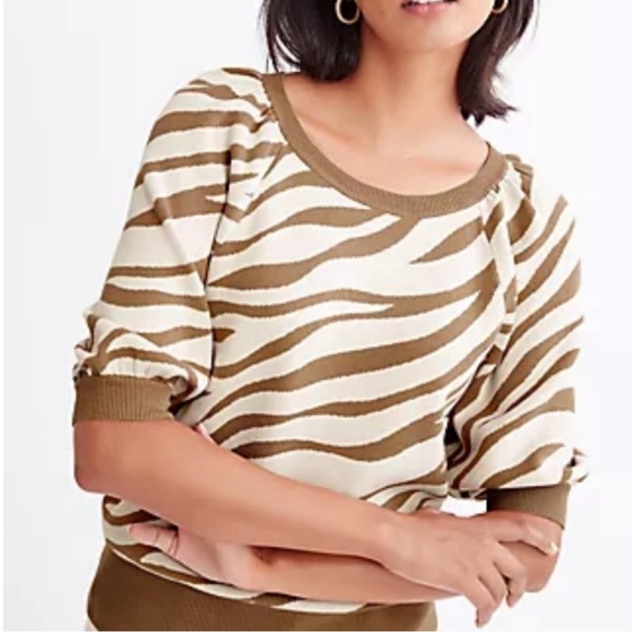 Ann Taylor | Zebra Print Short Puff Statement Sleeve Top Smooth Stone Sweater - Picture 1 of 8